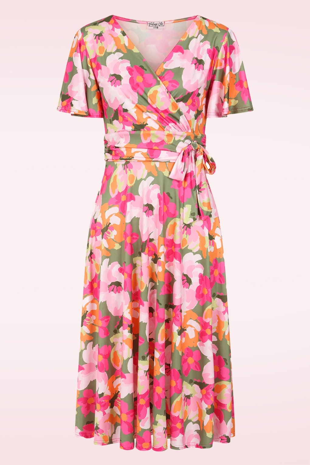 Topvintage exclusive ~ Irene Floral Cross Over swing jurk in kakigroen en roze